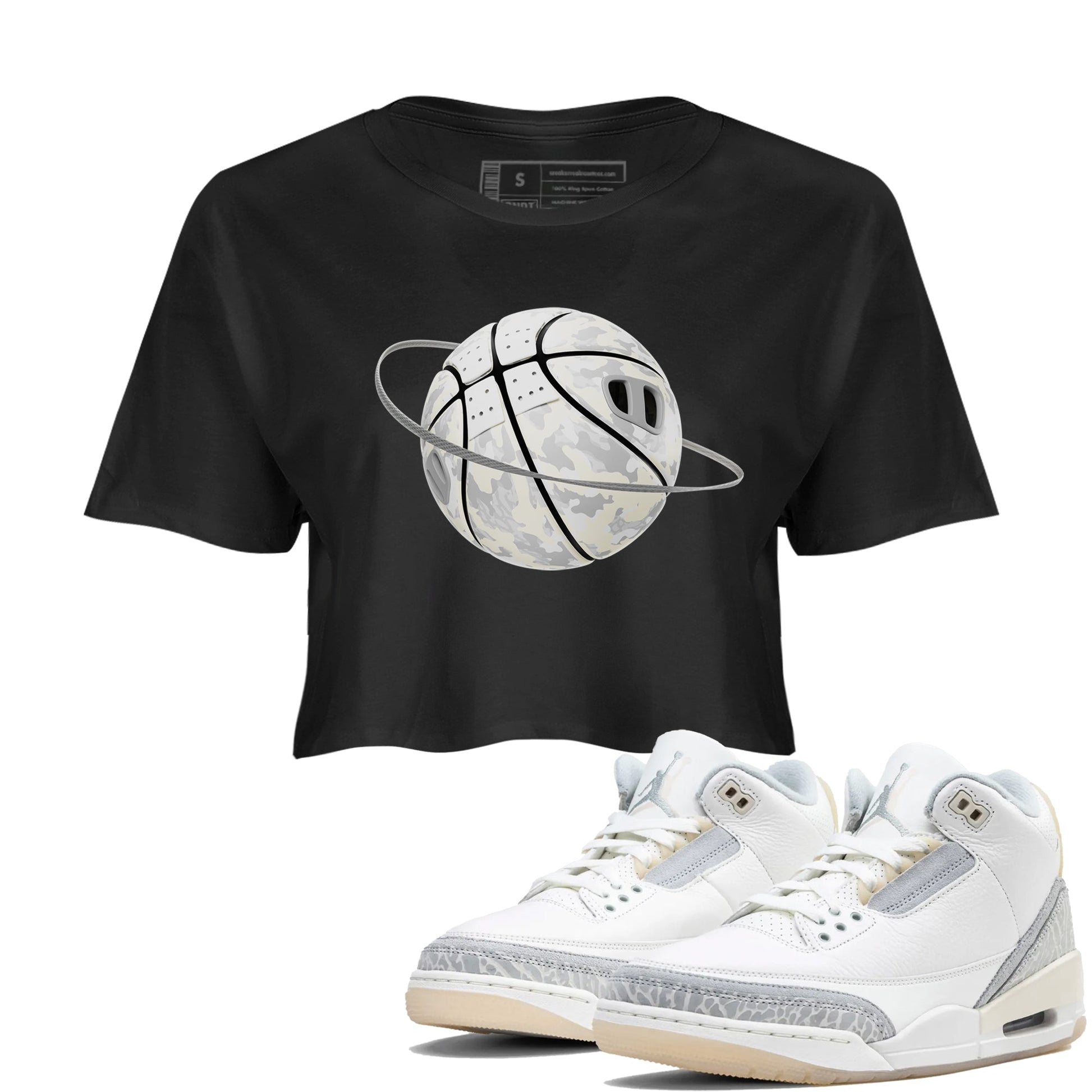 3s Ivory shirt to match jordans Camo Basketball Planet sneaker tees Air Jordan 3 Ivory SNRT Sneaker Release Tees Black 1 crop length shirt