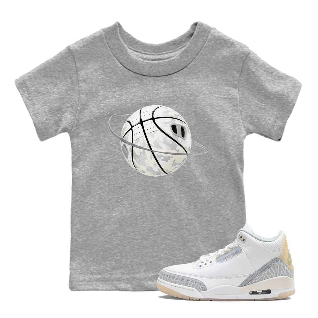 3s Ivory shirt to match jordans Camo Basketball Planet sneaker tees Air Jordan 3 Ivory SNRT sneaker release tees baby toddler Heather Grey 1 cotton Shirt