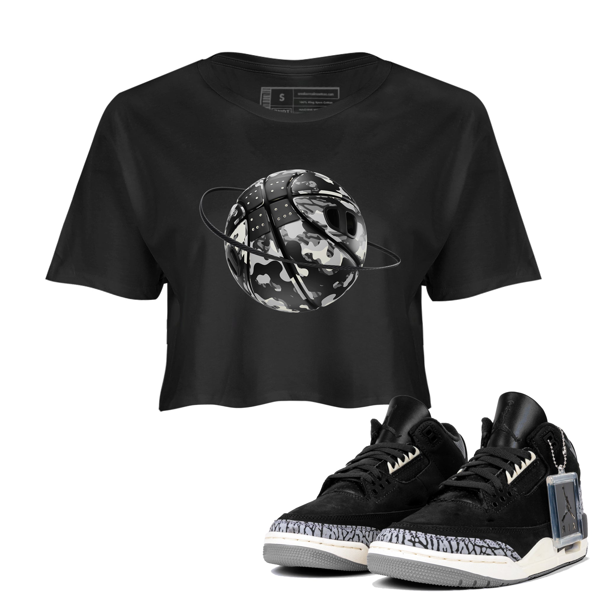 Air Jordan 3 Off Noir shirt to match jordans Camo Basketball Planet sneaker tees AJ3 Off Noir SNRT Sneaker Release Tees Black 1 Crop T-Shirt
