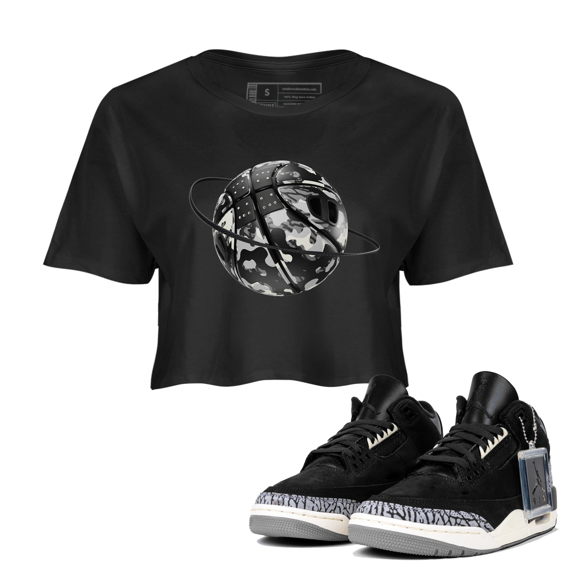 Air Jordan 3 Off Noir shirt to match jordans Camo Basketball Planet sneaker tees AJ3 Off Noir SNRT Sneaker Release Tees Black 1 Crop T-Shirt