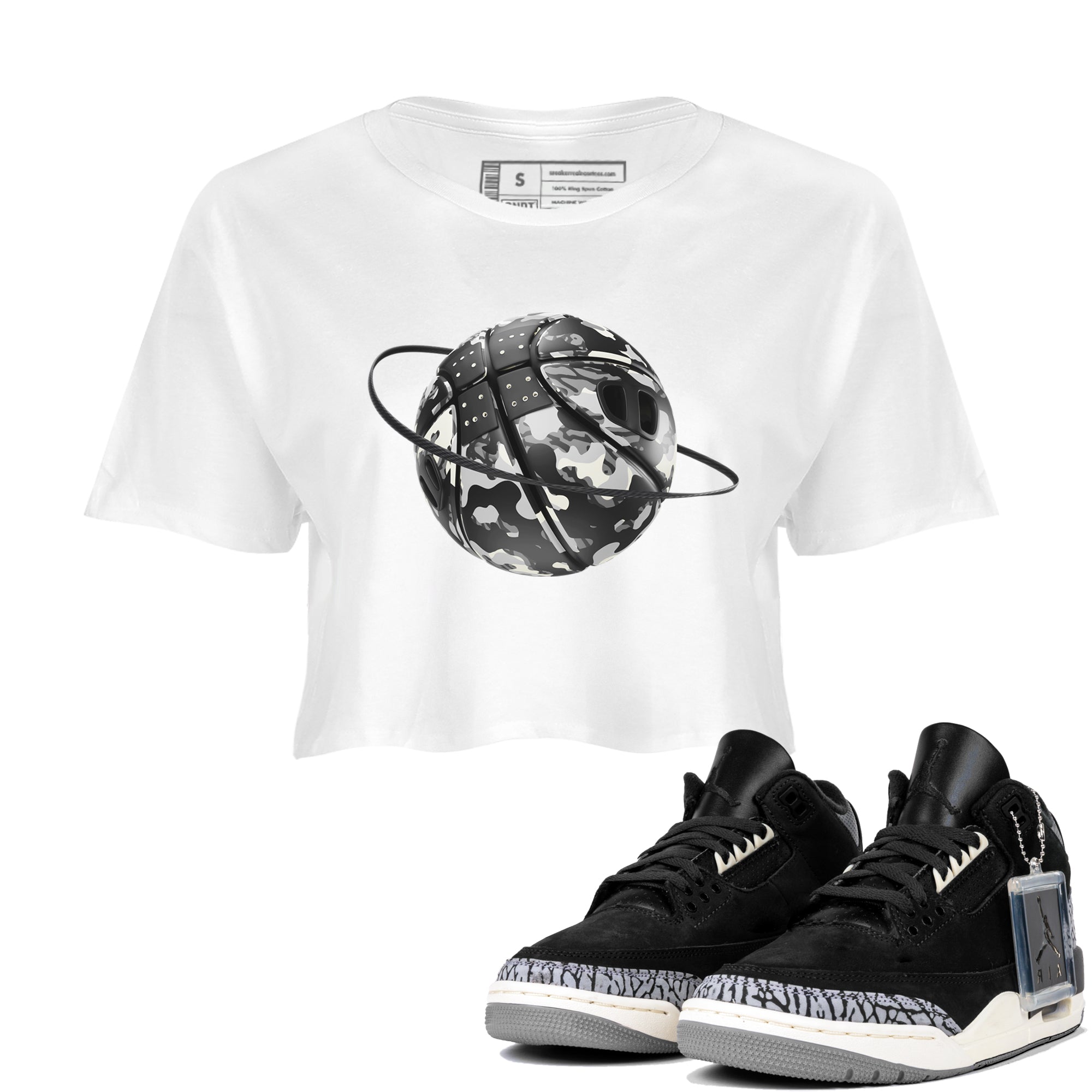 Air Jordan 3 Off Noir shirt to match jordans Camo Basketball Planet sneaker tees AJ3 Off Noir SNRT Sneaker Release Tees White 1 Crop T-Shirt