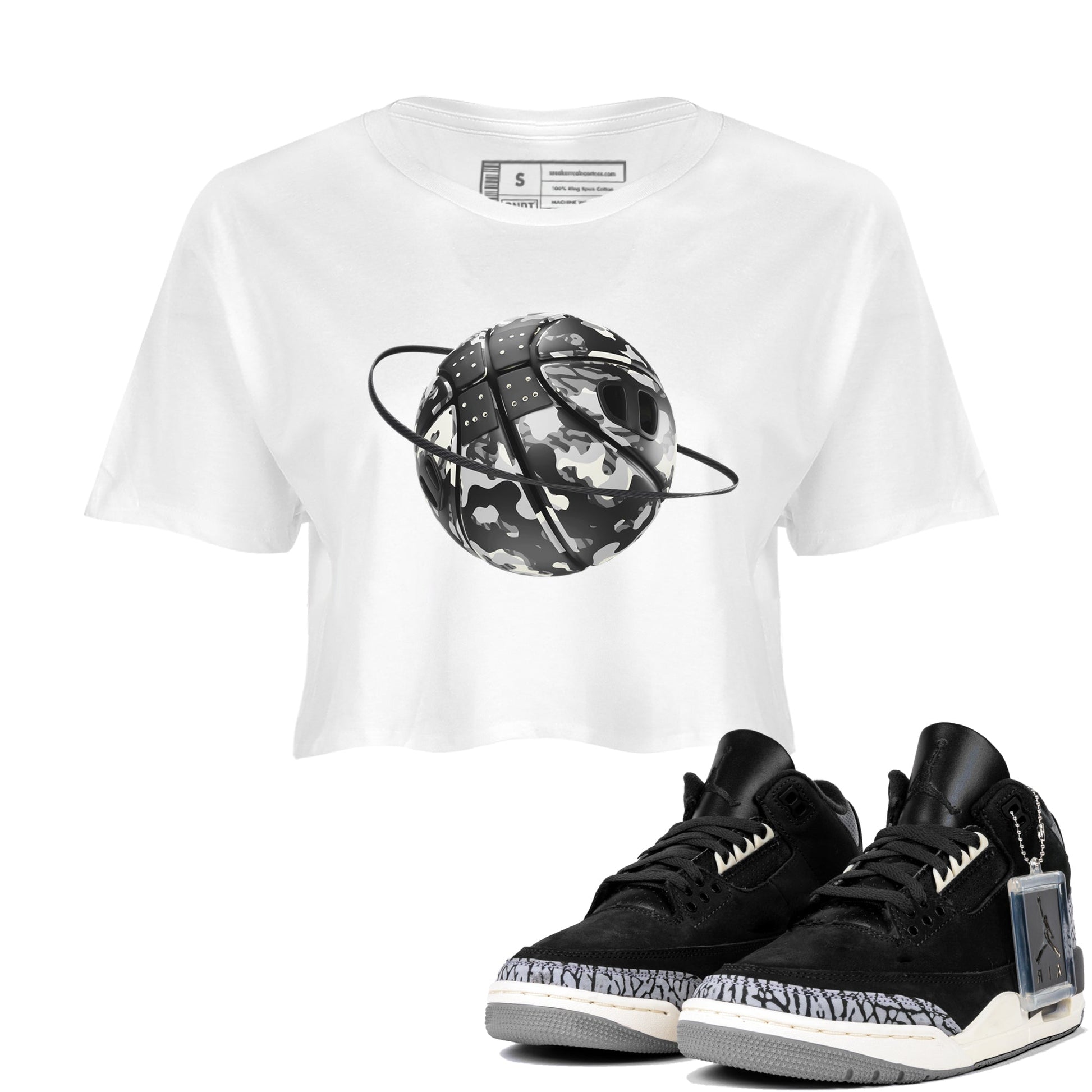 Air Jordan 3 Off Noir shirt to match jordans Camo Basketball Planet sneaker tees AJ3 Off Noir SNRT Sneaker Release Tees White 1 Crop T-Shirt