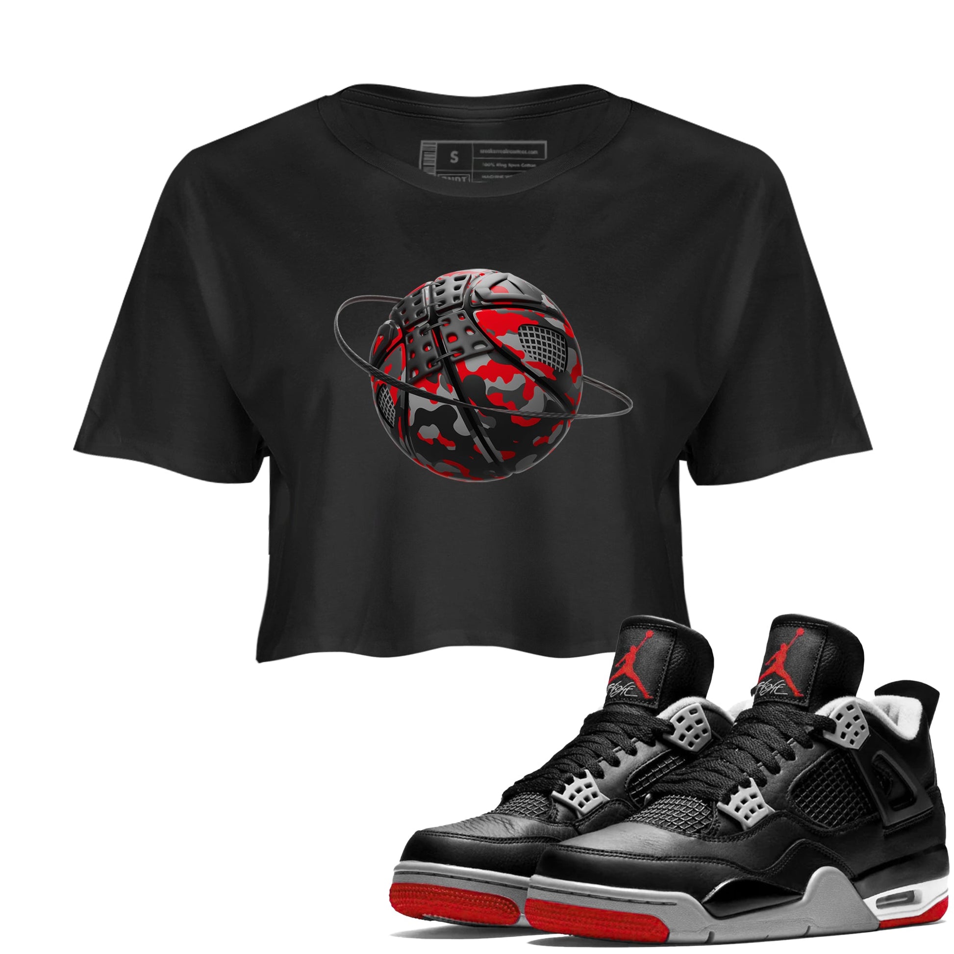 4s Bred Reimagined shirt to match jordans Camo Basketball Planet sneaker tees Air Jordan 4 Bred Reimagined SNRT Sneaker Release Tees Black 1 Crop T-Shirt