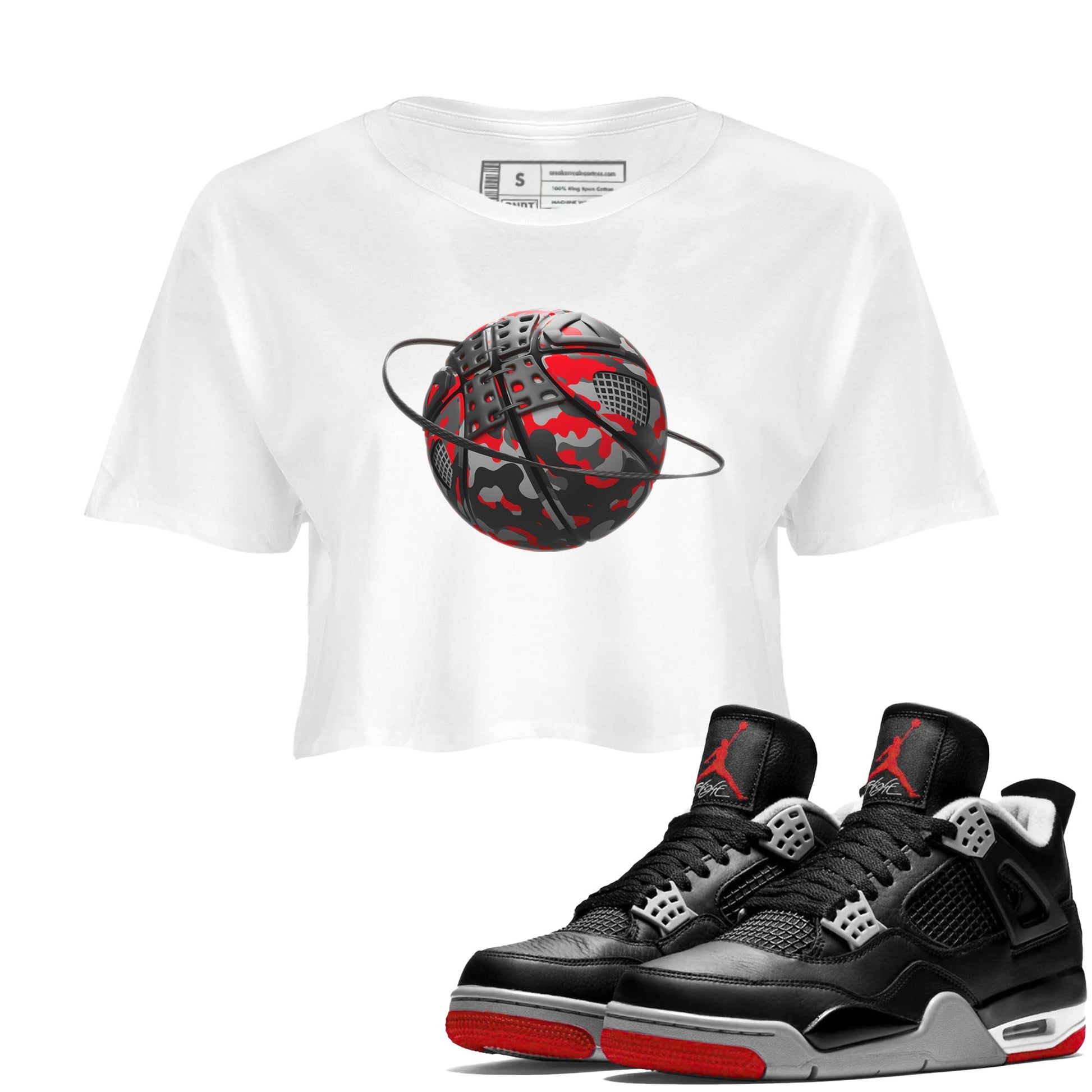 4s Bred Reimagined shirt to match jordans Camo Basketball Planet sneaker tees Air Jordan 4 Bred Reimagined SNRT Sneaker Release Tees White 1 Crop T-Shirt