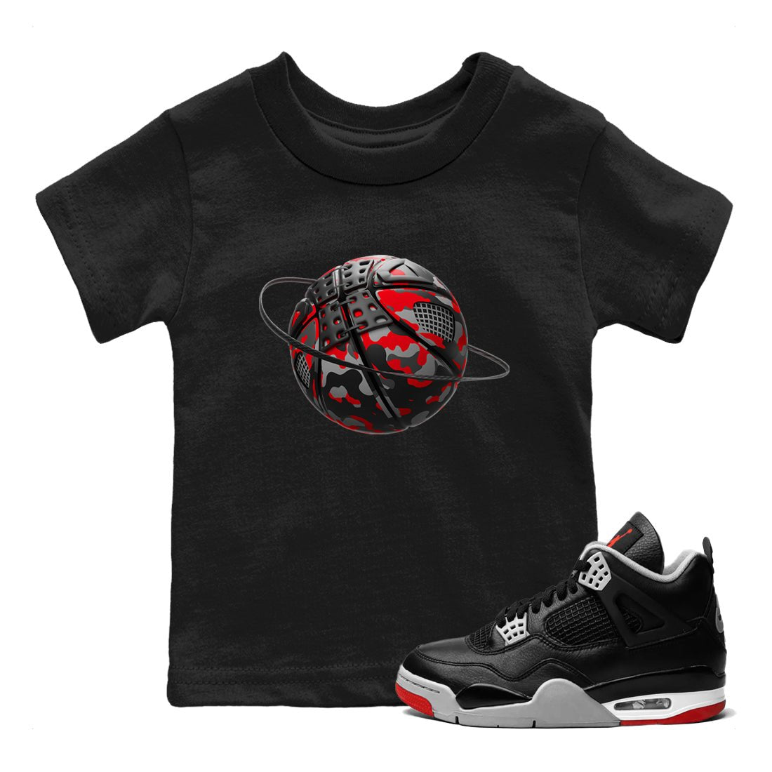 4s Bred Reimagined shirt to match jordans Camo Basketball Planet sneaker tees Air Jordan 4 Bred Reimagined SNRT Sneaker Release Tees Baby Toddler Black 1 T-Shirt