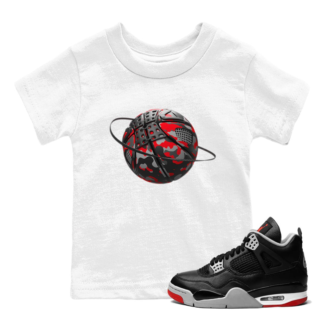 4s Bred Reimagined shirt to match jordans Camo Basketball Planet sneaker tees Air Jordan 4 Bred Reimagined SNRT Sneaker Release Tees Baby Toddler White 1 T-Shirt