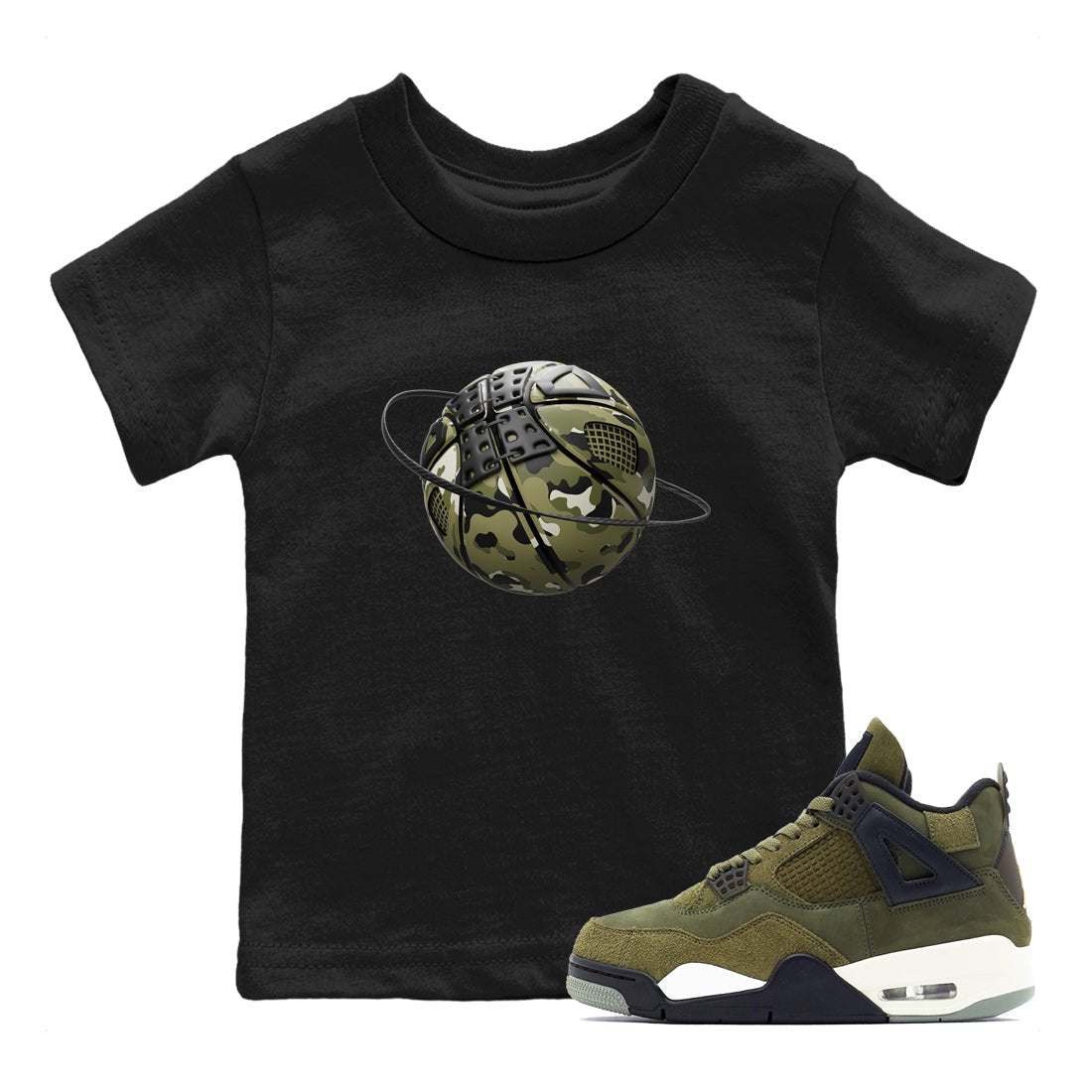 Air Jordan 4 Medium Olive shirt to match jordans Camo Basketball Planet sneaker tees AJ4Medium Olive SNRT Sneaker Release Tees Baby Toddler Black 1 T-Shirt