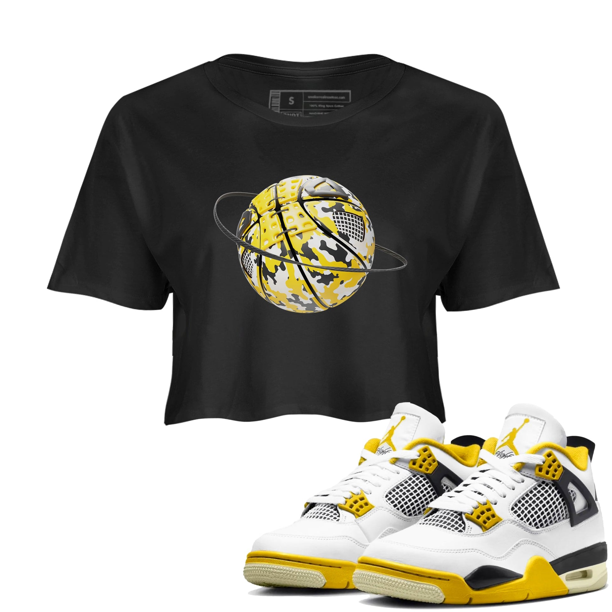 AJ4 Vivid Sulfur shirt to match jordans Camo Basketball Planet sneaker tees Air Jordan 4 Vivid Sulfur SNRT Sneaker Release Tees Black 1 crop length shirt