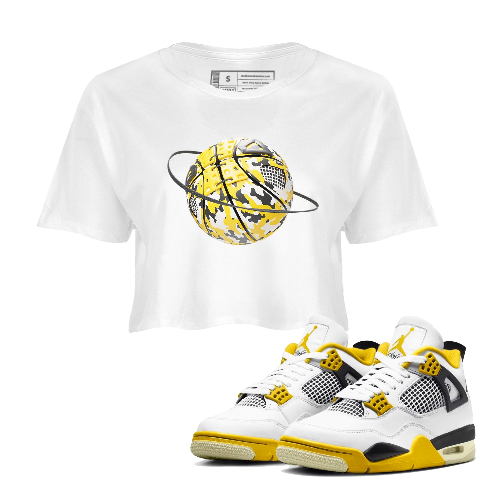 AJ4 Vivid Sulfur shirt to match jordans Camo Basketball Planet sneaker tees Air Jordan 4 Vivid Sulfur SNRT Sneaker Release Tees White 1 crop length shirt