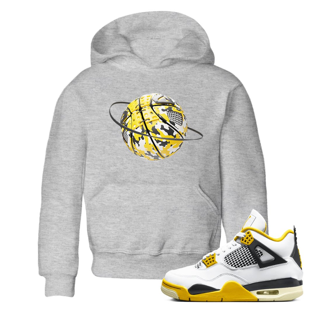 AJ4 Vivid Sulfur shirt to match jordans Camo Basketball Planet sneaker tees Air Jordan 4 Vivid Sulfur SNRT sneaker release tees baby toddler Heather Grey 1 cotton Shirt