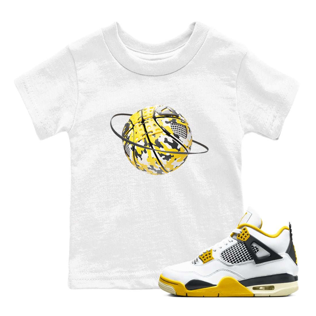 AJ4 Vivid Sulfur shirt to match jordans Camo Basketball Planet sneaker tees Air Jordan 4 Vivid Sulfur SNRT sneaker release tees baby toddler White 1 cotton Shirt