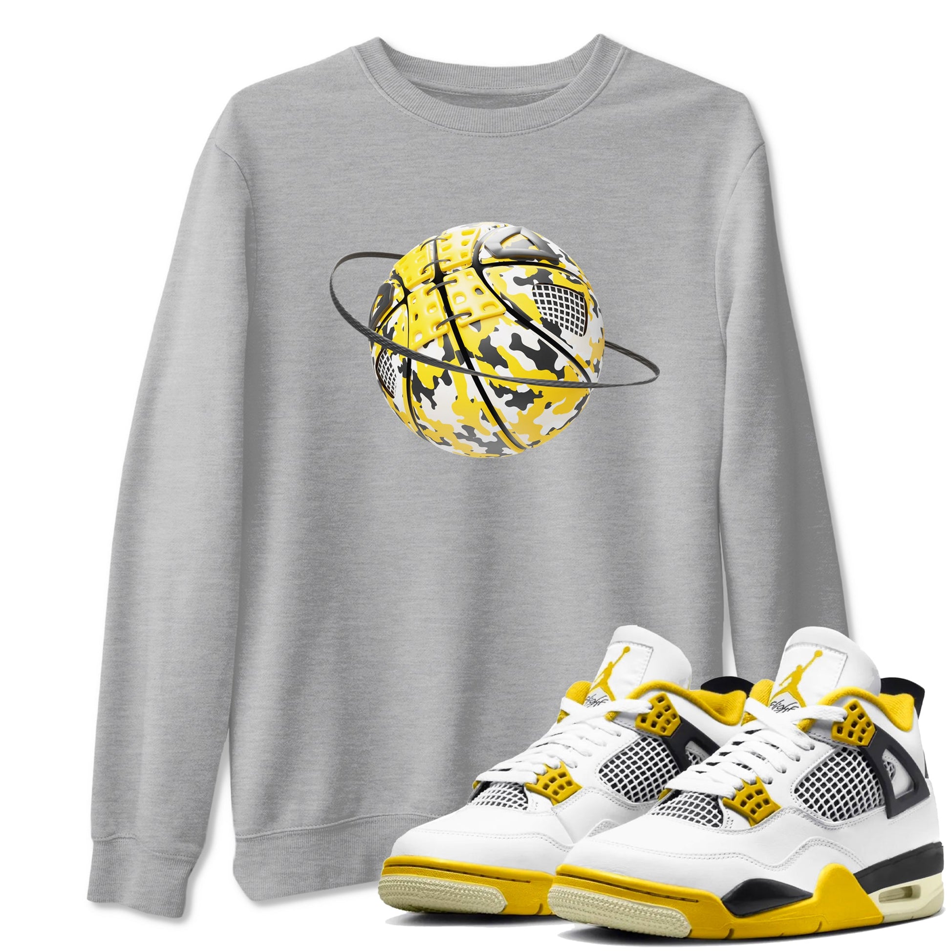 AJ4 Vivid Sulfur shirt to match jordans Camo Basketball Planet sneaker tees Air Jordan 4 Vivid Sulfur SNRT Sneaker Release Tees unisex cotton Heather Grey 1 crew neck shirt