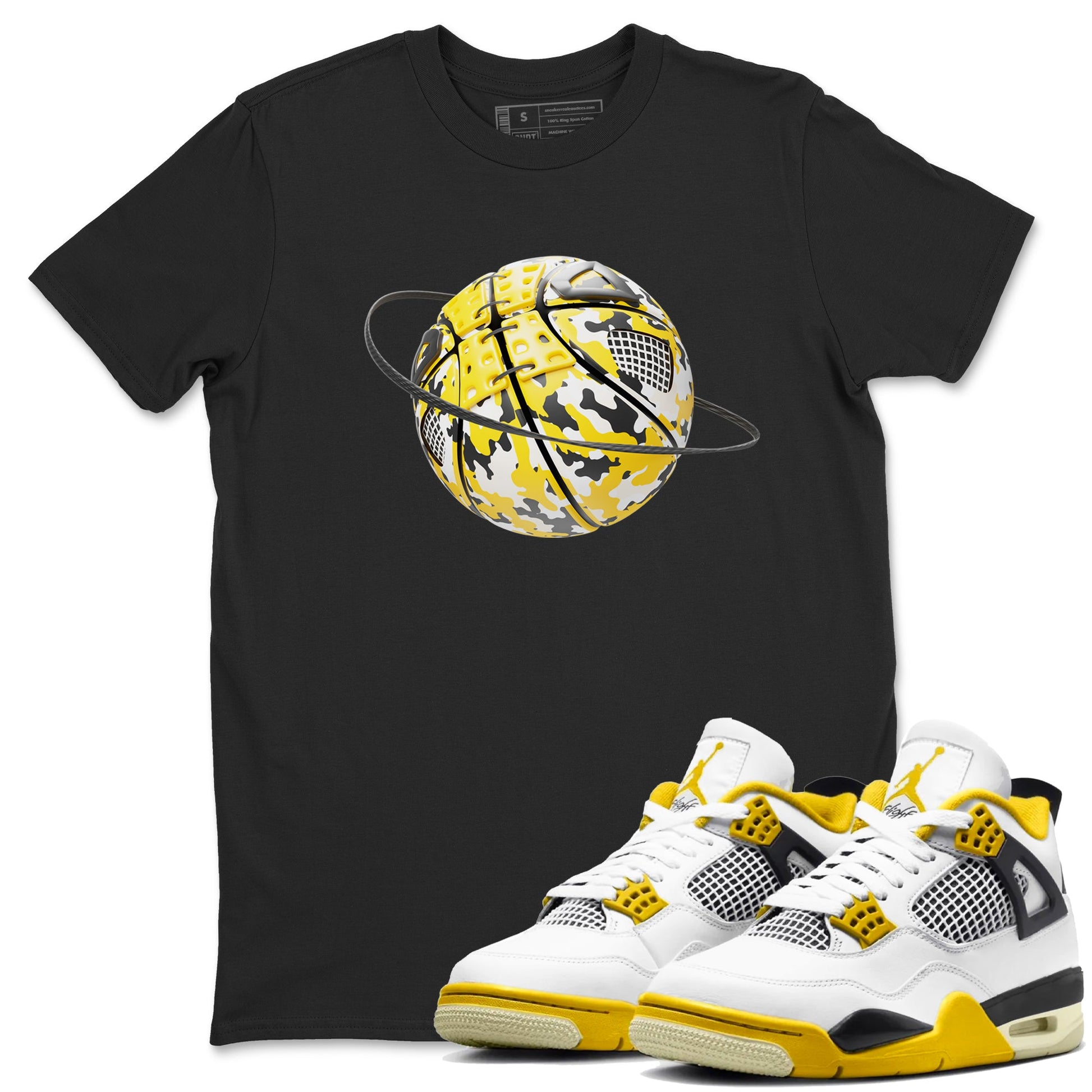 AJ4 Vivid Sulfur shirt to match jordans Camo Basketball Planet sneaker tees Air Jordan 4 Vivid Sulfur SNRT Sneaker Release Tees unisex cotton Black 1 crew neck shirt