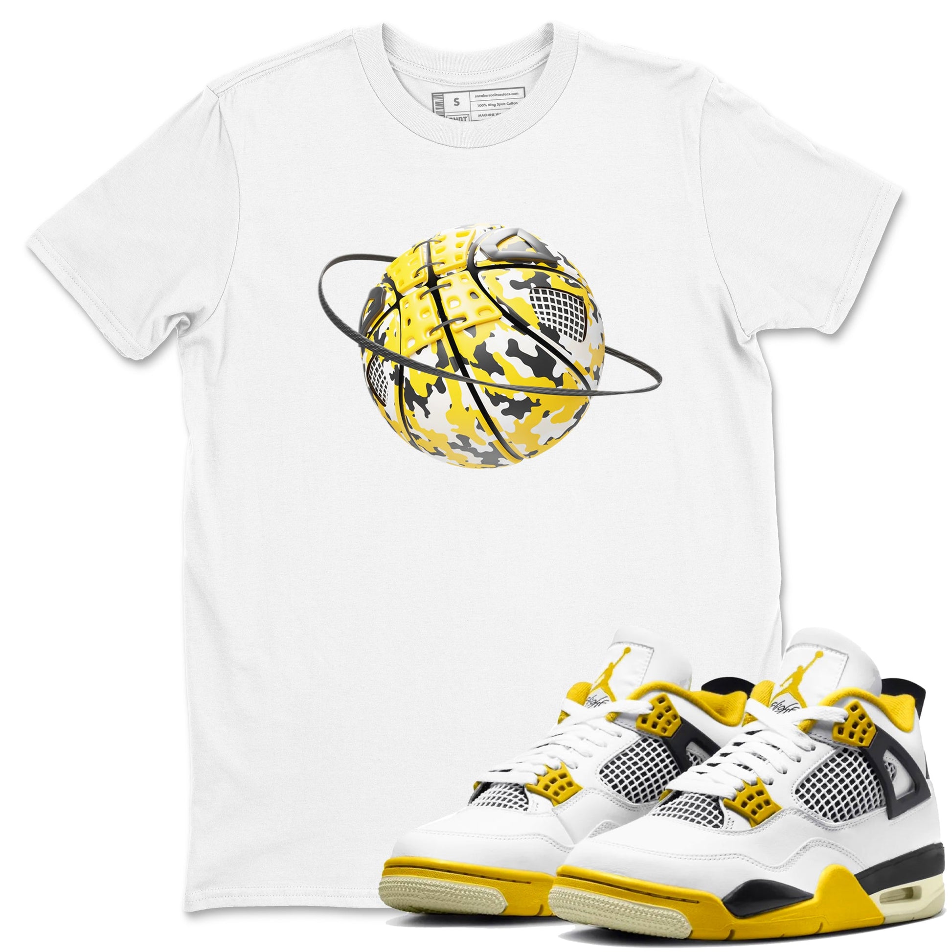 AJ4 Vivid Sulfur shirt to match jordans Camo Basketball Planet sneaker tees Air Jordan 4 Vivid Sulfur SNRT Sneaker Release Tees unisex cotton White 1 crew neck shirt