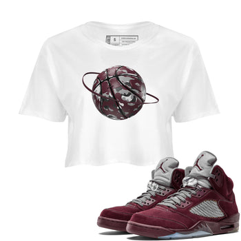 Air Jordan 5 Burgundy shirt to match jordans Camo Basketball Planet sneaker tees AJ5 Burgundy SNRT Sneaker Release Tees White 1 Crop T-Shirt