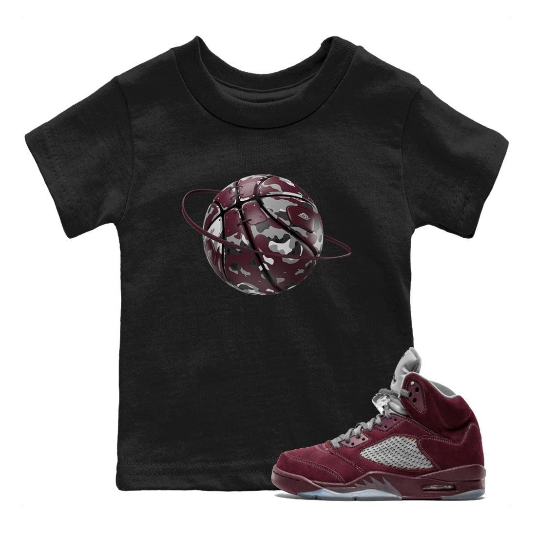 Air Jordan 5 Burgundy shirt to match jordans Camo Basketball Planet sneaker tees AJ5 Burgundy SNRT Sneaker Release Tees Baby Toddler Black 1 T-Shirt