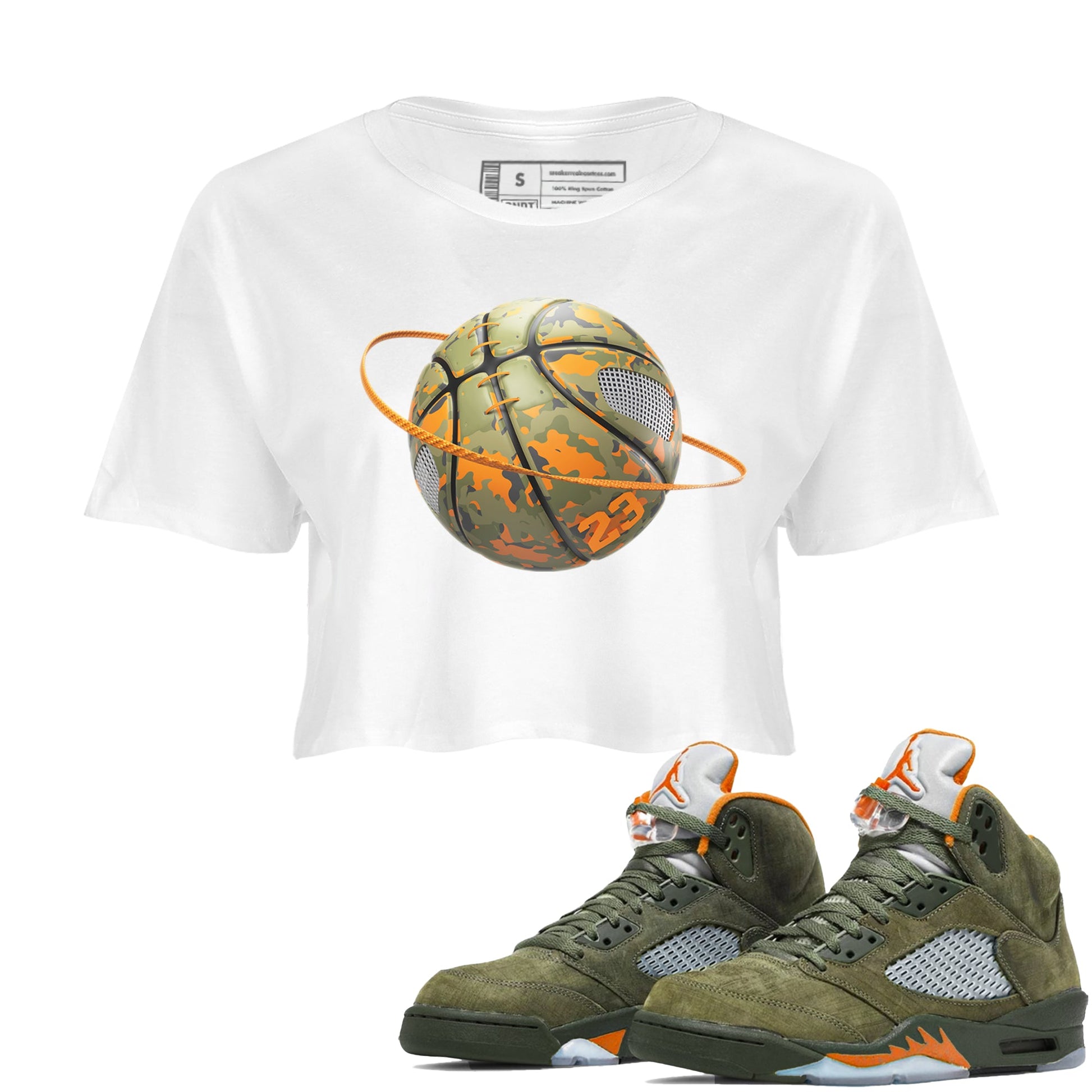 5s Olive shirt to match jordans Camo Basketball Planet sneaker tees Air Jordan 5 Olive SNRT Sneaker Release Tees White 1 crop length shirt
