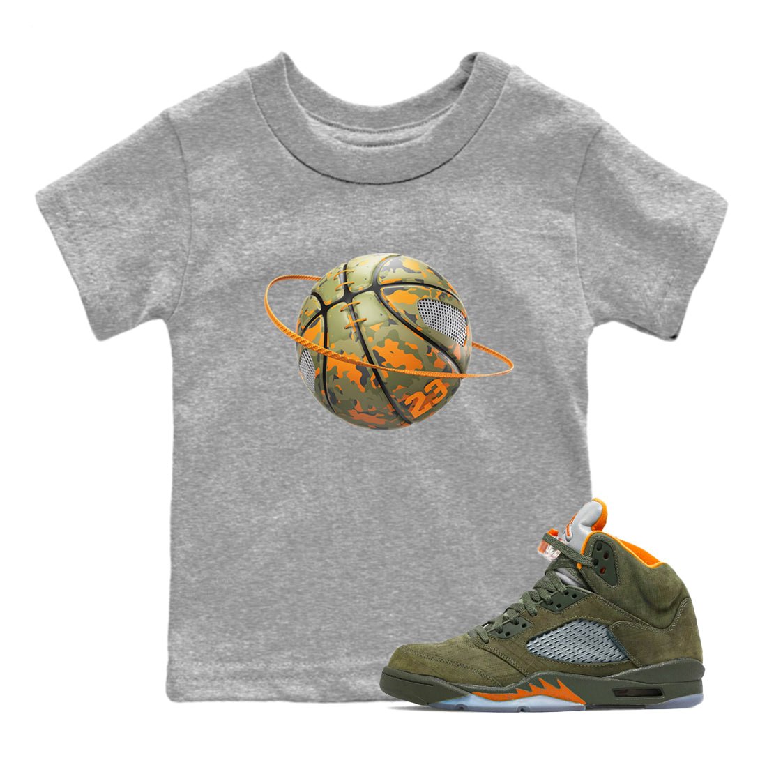 5s Olive shirt to match jordans Camo Basketball Planet sneaker tees Air Jordan 5 Olive SNRT sneaker release tees baby toddler Heather Grey 1 cotton Shirt