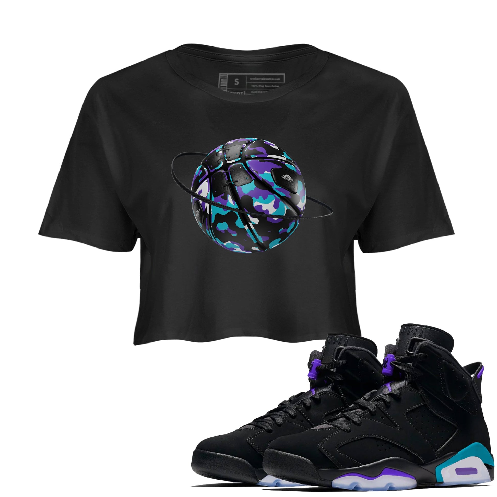 Air Jordan 6 Aqua shirt to match jordans Camo Basketball Planet sneaker tees AJ6 Aqua SNRT Sneaker Release Tees Black 1 Crop T-Shirt