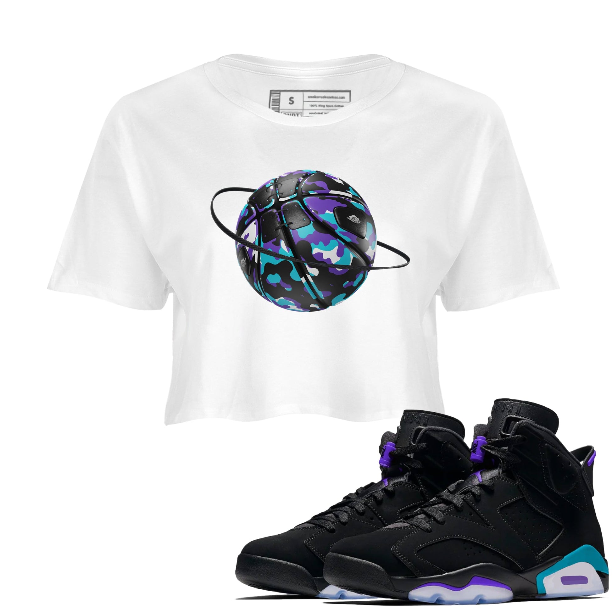 Air Jordan 6 Aqua shirt to match jordans Camo Basketball Planet sneaker tees AJ6 Aqua SNRT Sneaker Release Tees White 1 Crop T-Shirt