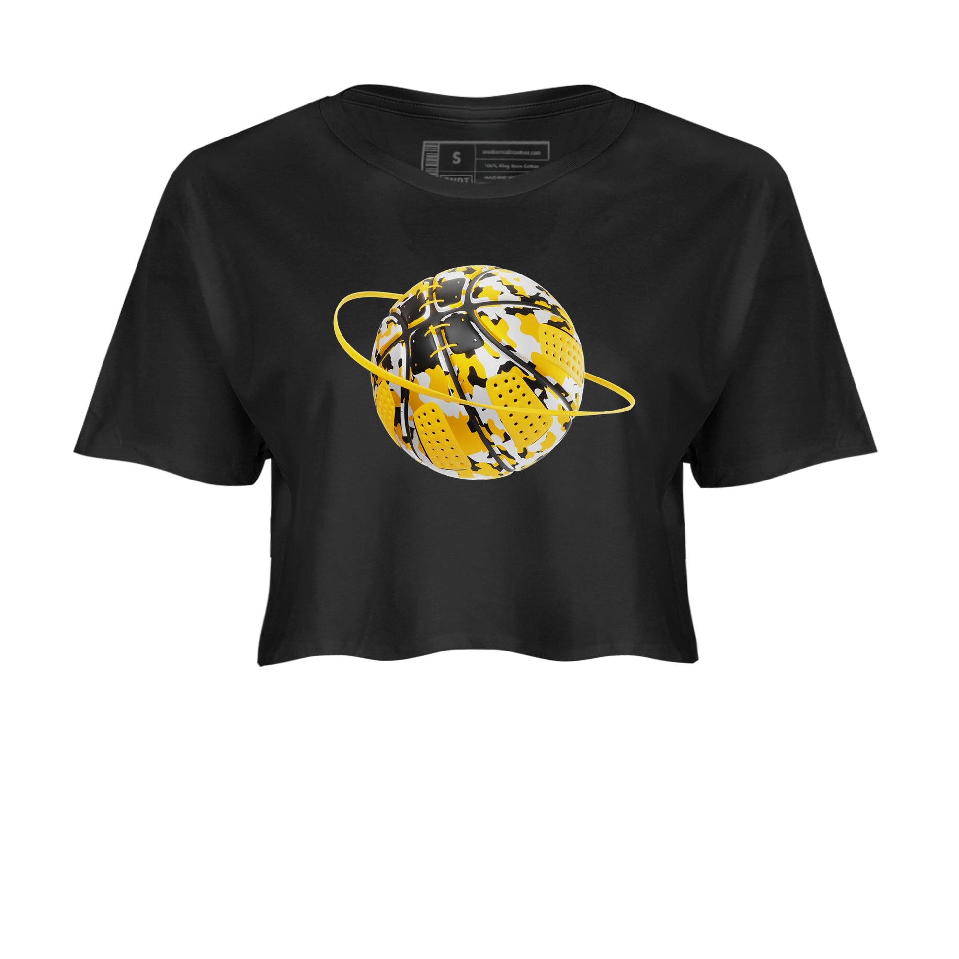 6s Yellow Ochre shirt to match jordans Camo Basketball Planet sneaker tees Air Jordan 6 Yellow Ochre SNRT Sneaker Release Tees Black 2 Crop T-Shirt