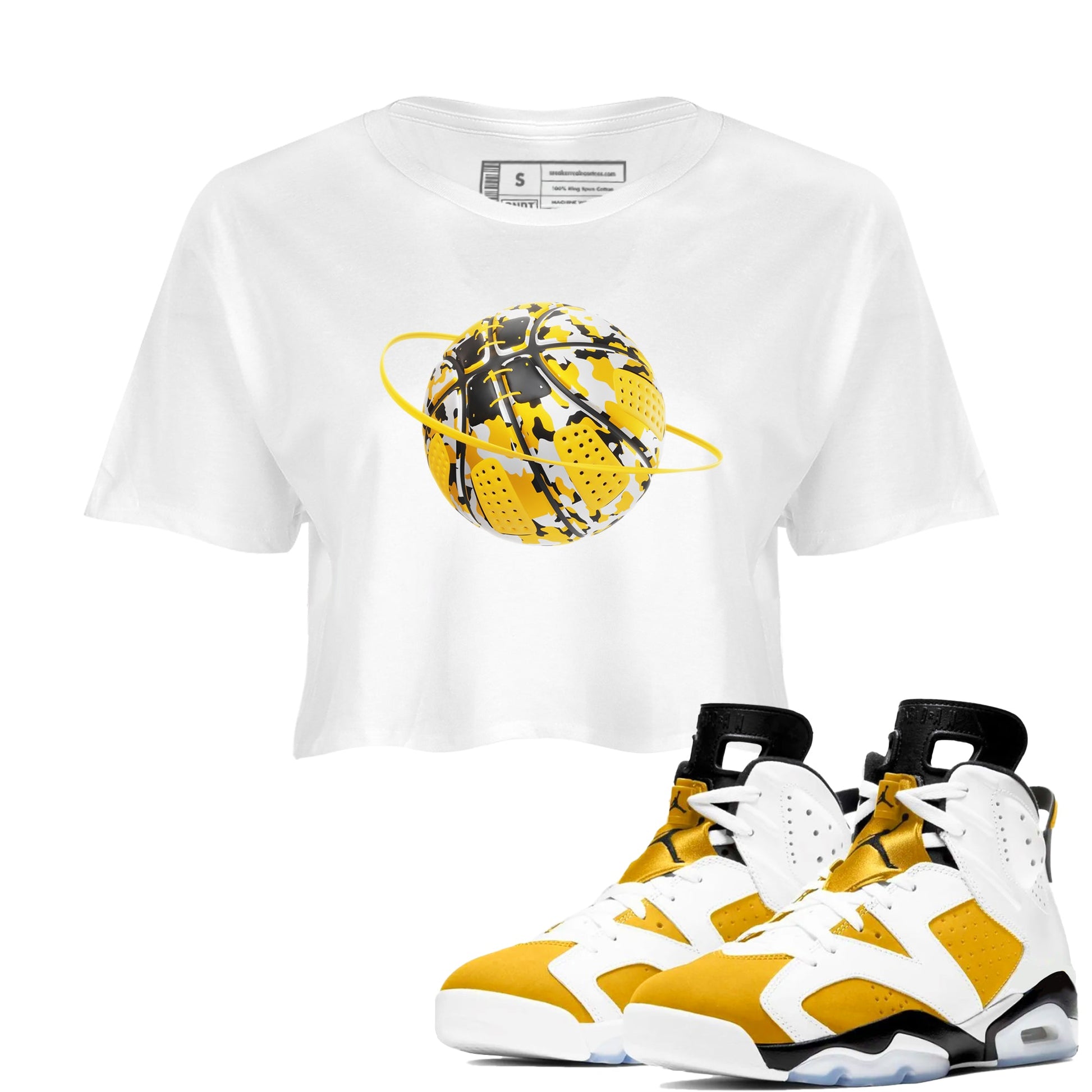 6s Yellow Ochre shirt to match jordans Camo Basketball Planet sneaker tees Air Jordan 6 Yellow Ochre SNRT Sneaker Release Tees White 1 Crop T-Shirt