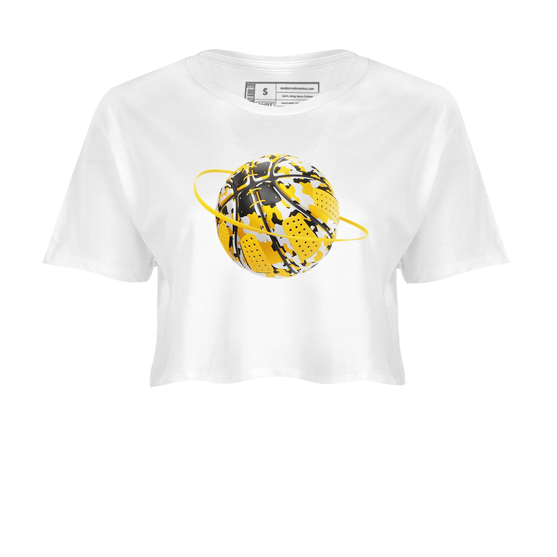 6s Yellow Ochre shirt to match jordans Camo Basketball Planet sneaker tees Air Jordan 6 Yellow Ochre SNRT Sneaker Release Tees White 2 Crop T-Shirt