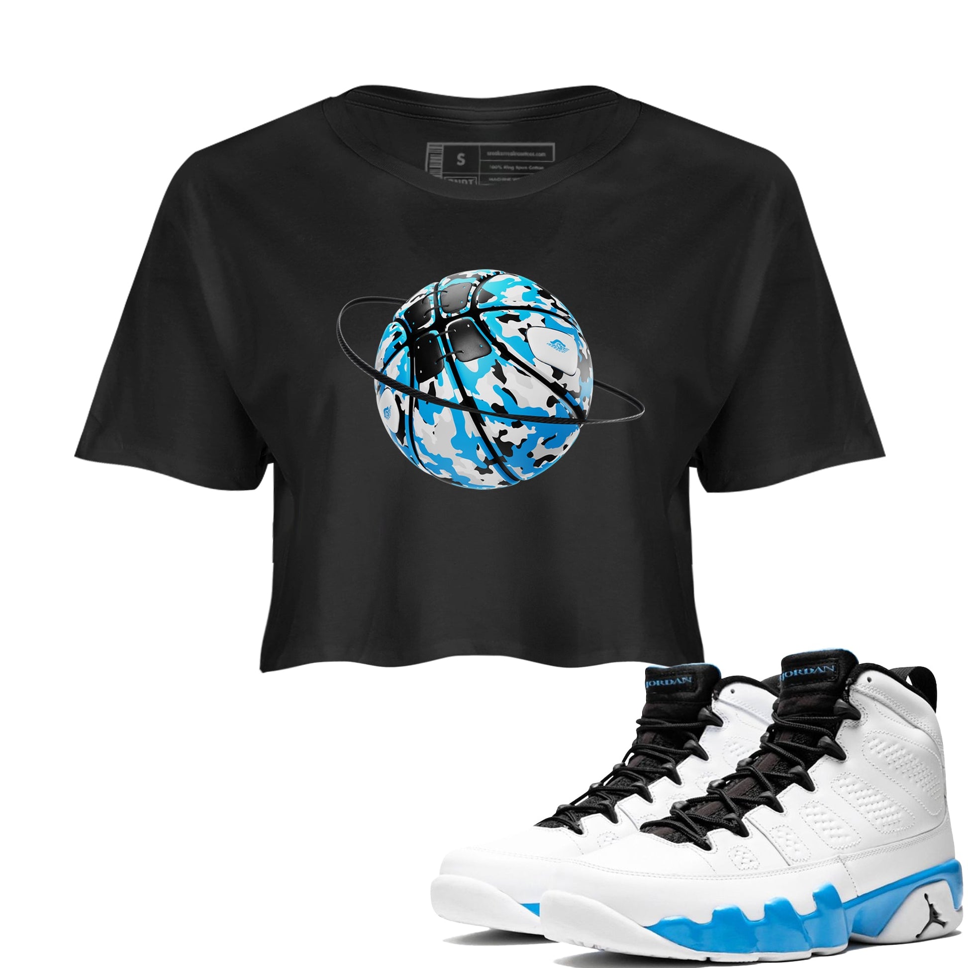 9s Powder Blue shirt to match jordans Camo Basketball Planet sneaker tees Air Jordan 9 Powder Blue SNRT Sneaker Release Tees Black 1 crop length shirt