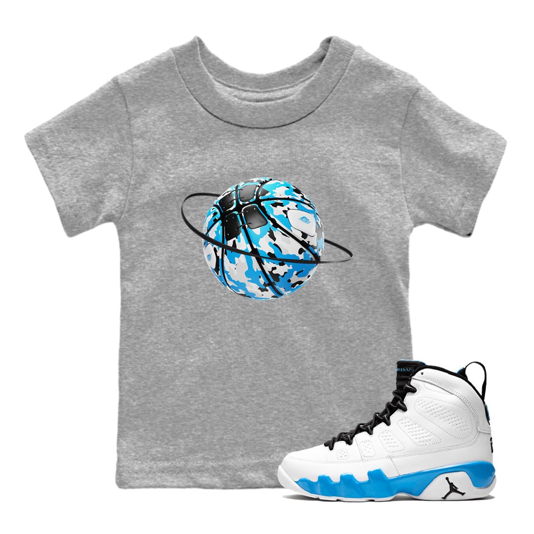 9s Powder Blue shirt to match jordans Camo Basketball Planet sneaker tees Air Jordan 9 Powder Blue SNRT sneaker release tees baby toddler Heather Grey 1 cotton Shirt