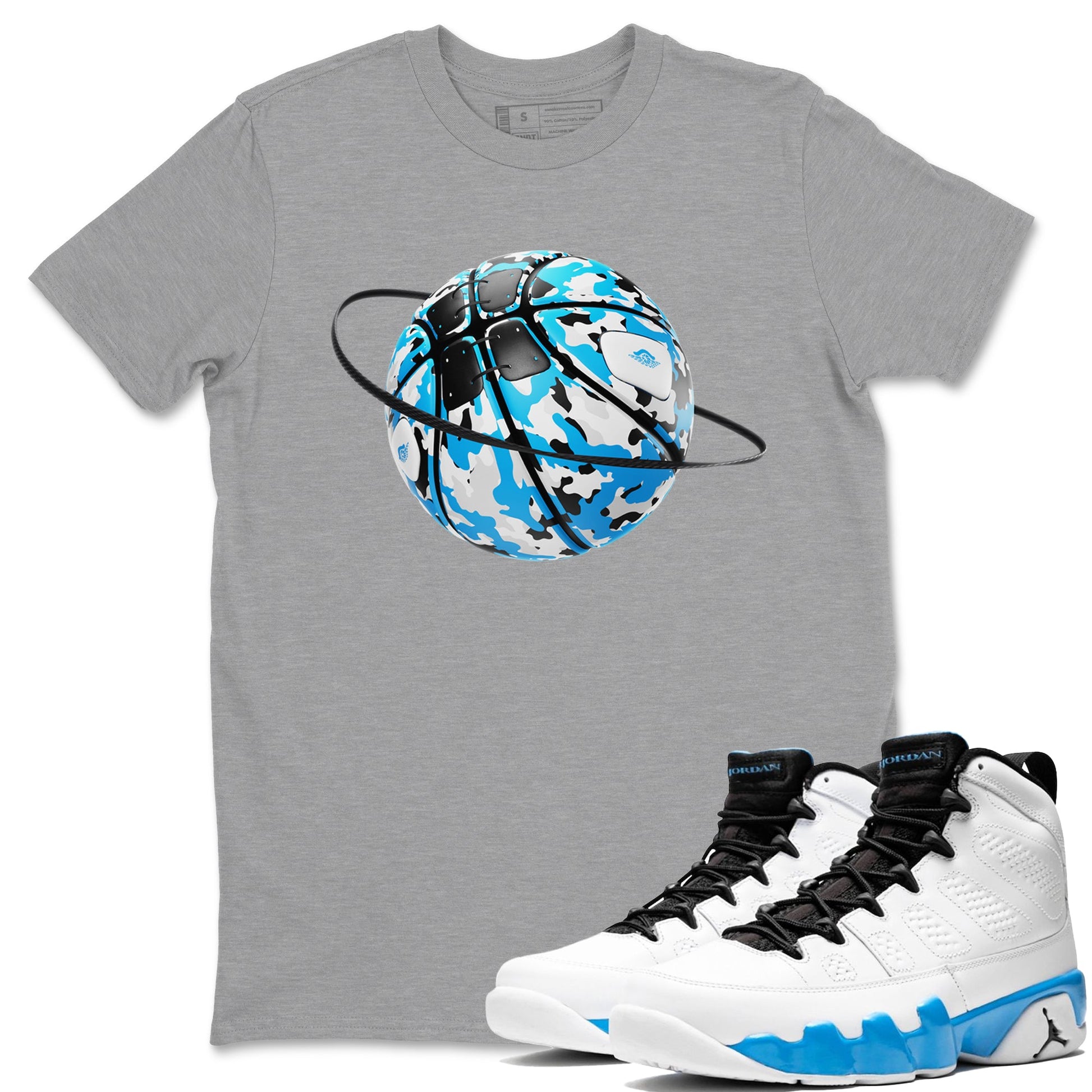 9s Powder Blue shirt to match jordans Camo Basketball Planet sneaker tees Air Jordan 9 Powder Blue SNRT Sneaker Release Tees unisex cotton Heather Grey 1 crew neck shirt