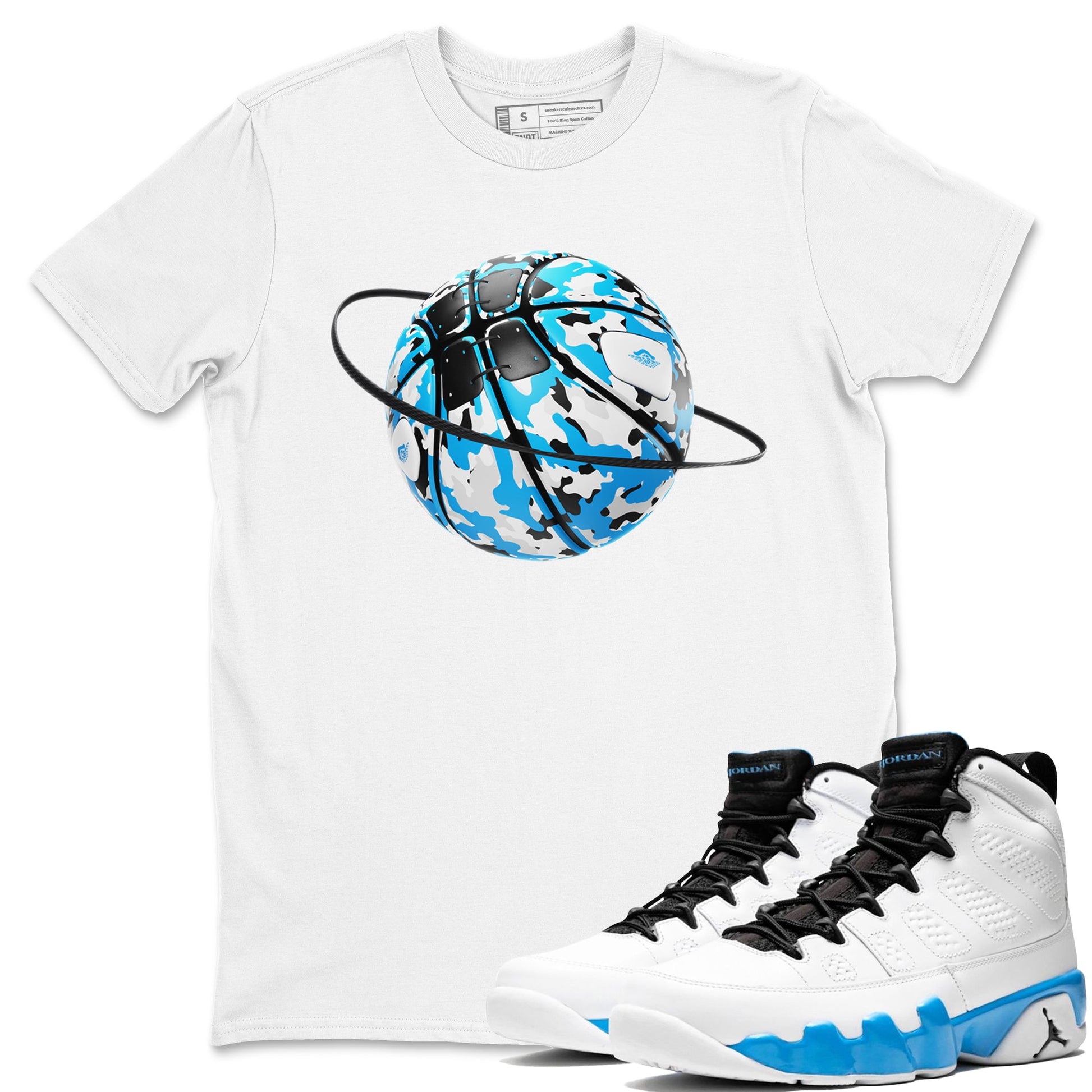 9s Powder Blue shirt to match jordans Camo Basketball Planet sneaker tees Air Jordan 9 Powder Blue SNRT Sneaker Release Tees unisex cotton White 1 crew neck shirt