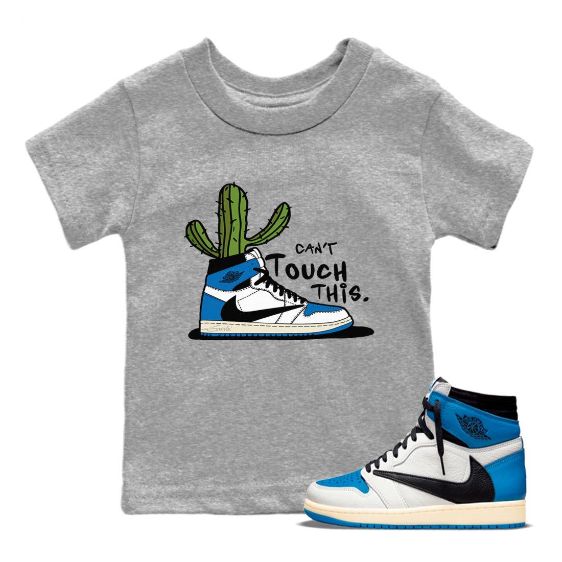 Air Jordan 1 Travis Scott Fragment Sneaker Match Tees Can't Touch This Sneaker Tees Air Jordan 1 High OG x Travis Scott x Fragment Sneaker Release Tees Kids Shirts Heather Grey 1