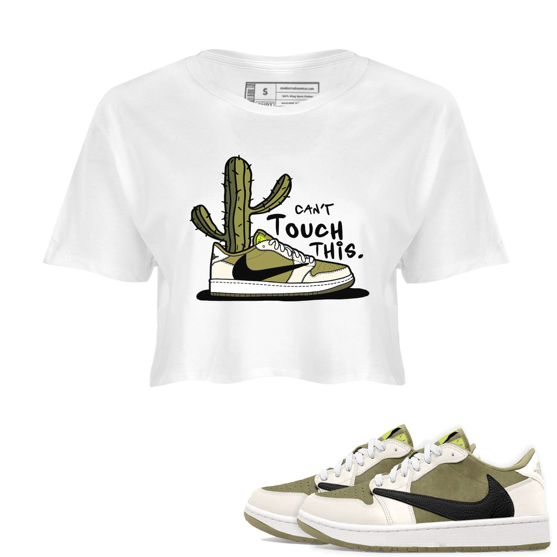 Air Jordan 1 X Travis Scott Golf Olive shirt to match jordans Can't Touch This sneaker tees Air Jordan 1 Travis Scott Golf SNRT Sneaker Release Tees White 1 Crop T-Shirt
