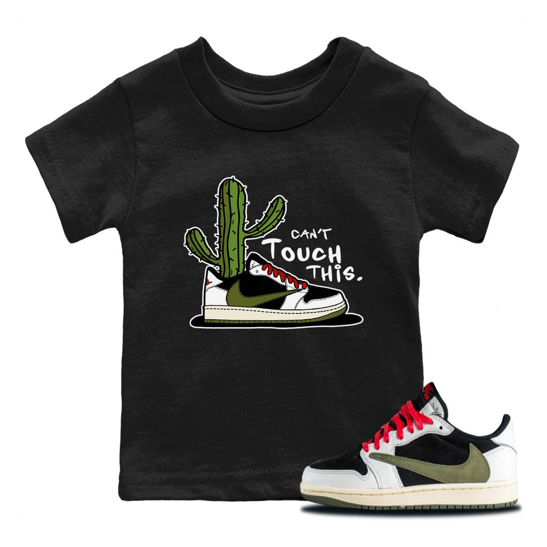 Air Jordan 1 Travis Scott Olive Sneaker Match Tees Can't Touch This Sneaker Tees Air Jordan 1 Low x Travis Scott x Olive Sneaker Release Tees Kids Shirts Black 1