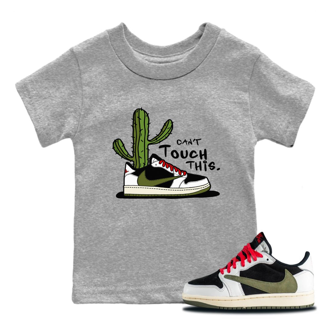 Air Jordan 1 Travis Scott Olive Sneaker Match Tees Can't Touch This Sneaker Tees Air Jordan 1 Low x Travis Scott x Olive Sneaker Release Tees Kids Shirts Heather Grey 1