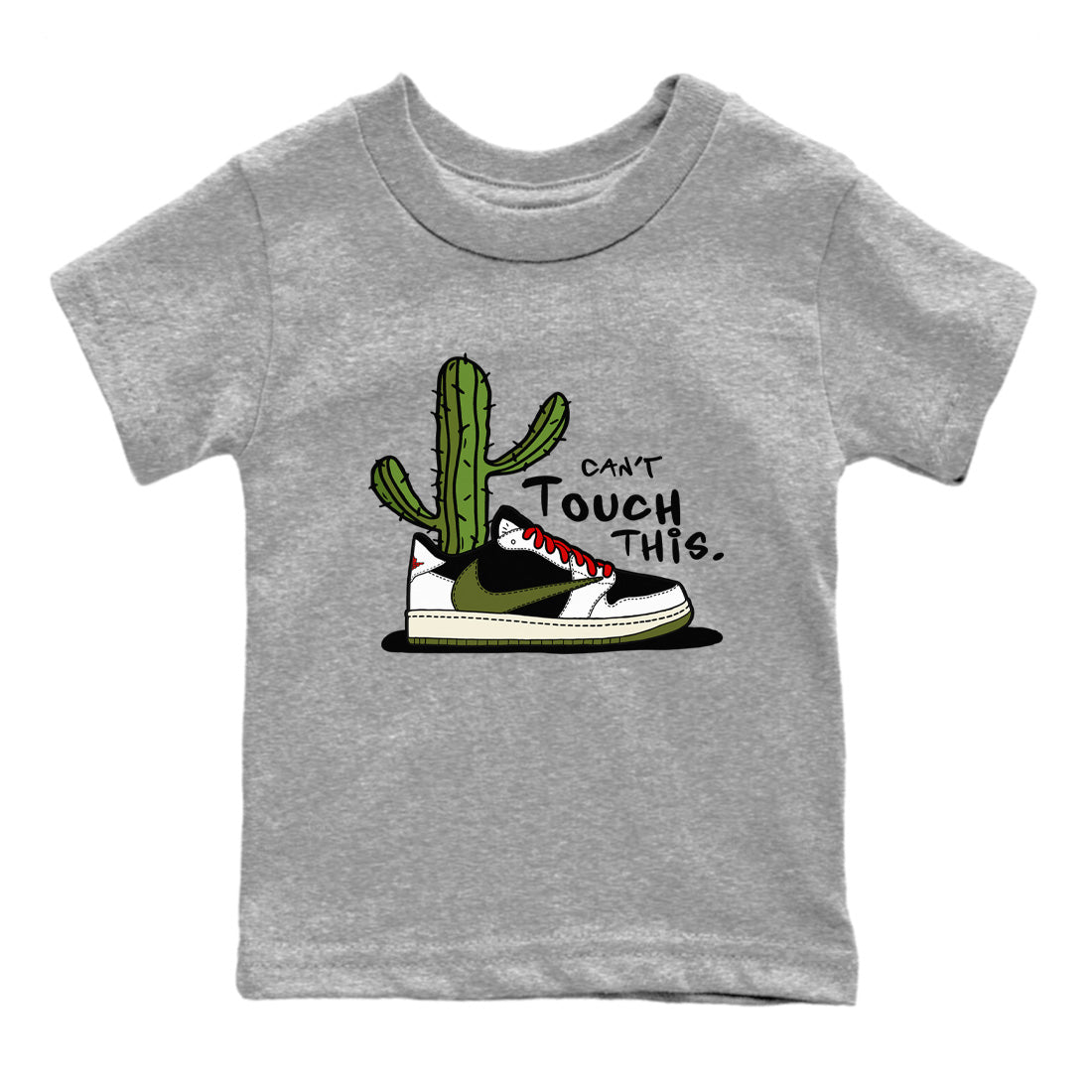Air Jordan 1 Travis Scott Olive Sneaker Match Tees Can't Touch This Sneaker Tees Air Jordan 1 Low x Travis Scott x Olive Sneaker Release Tees Kids Shirts Heather Grey 2