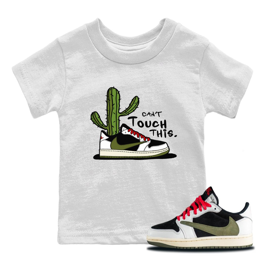 Air Jordan 1 Travis Scott Olive Sneaker Match Tees Can't Touch This Sneaker Tees Air Jordan 1 Low x Travis Scott x Olive Sneaker Release Tees Kids Shirts White 1