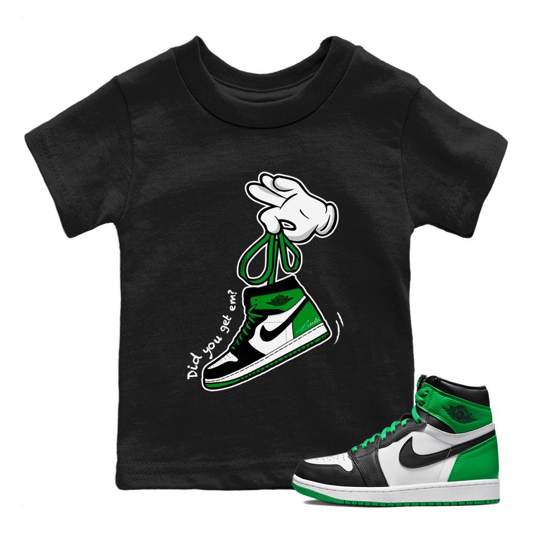 Air Jordan 1 Celtics Sneaker Match Tees Cartoon Hands Sneaker Tees Air Jordan 1 High OG Celtics Sneaker Release Tees Kids Shirts Black 1