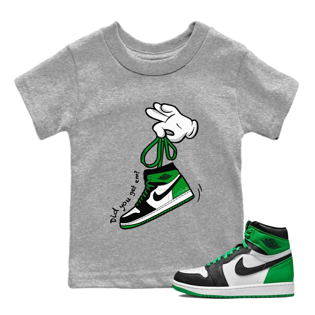Air Jordan 1 Celtics Sneaker Match Tees Cartoon Hands Sneaker Tees Air Jordan 1 High OG Celtics Sneaker Release Tees Kids Shirts Heather Grey 1