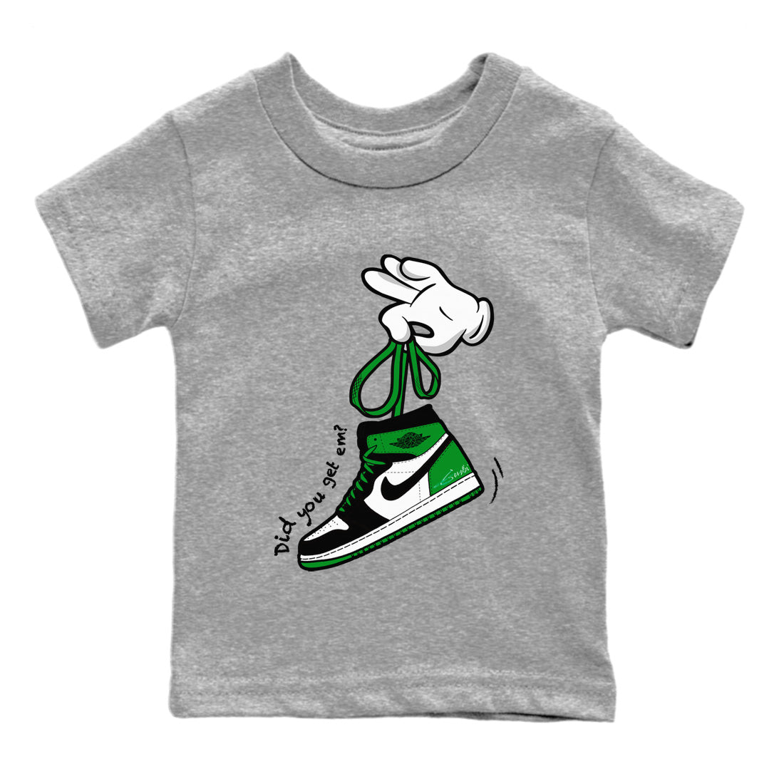 Air Jordan 1 Celtics Sneaker Match Tees Cartoon Hands Sneaker Tees Air Jordan 1 High OG Celtics Sneaker Release Tees Kids Shirts Heather Grey 2