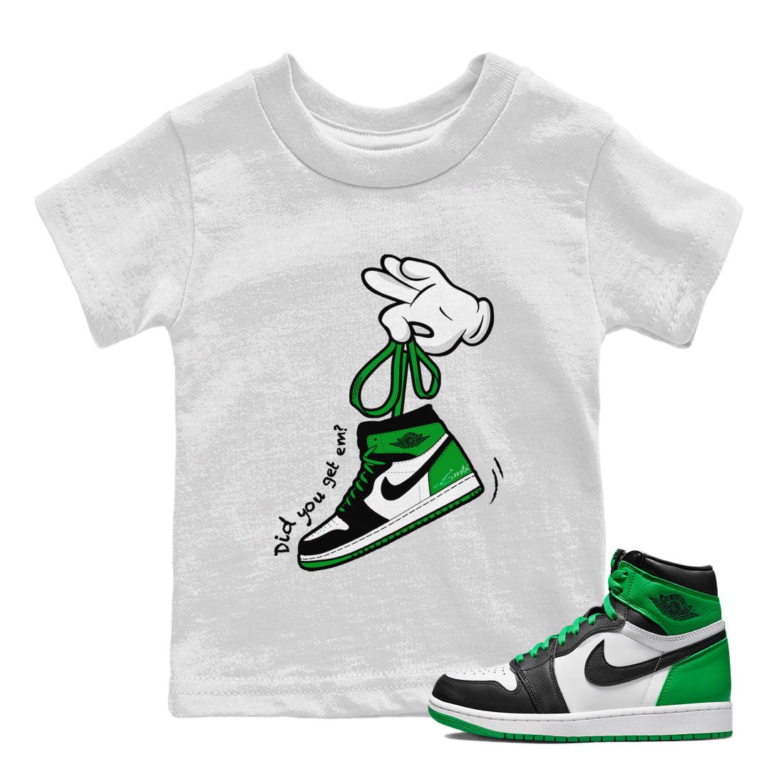 Air Jordan 1 Celtics Sneaker Match Tees Cartoon Hands Sneaker Tees Air Jordan 1 High OG Celtics Sneaker Release Tees Kids Shirts White 1