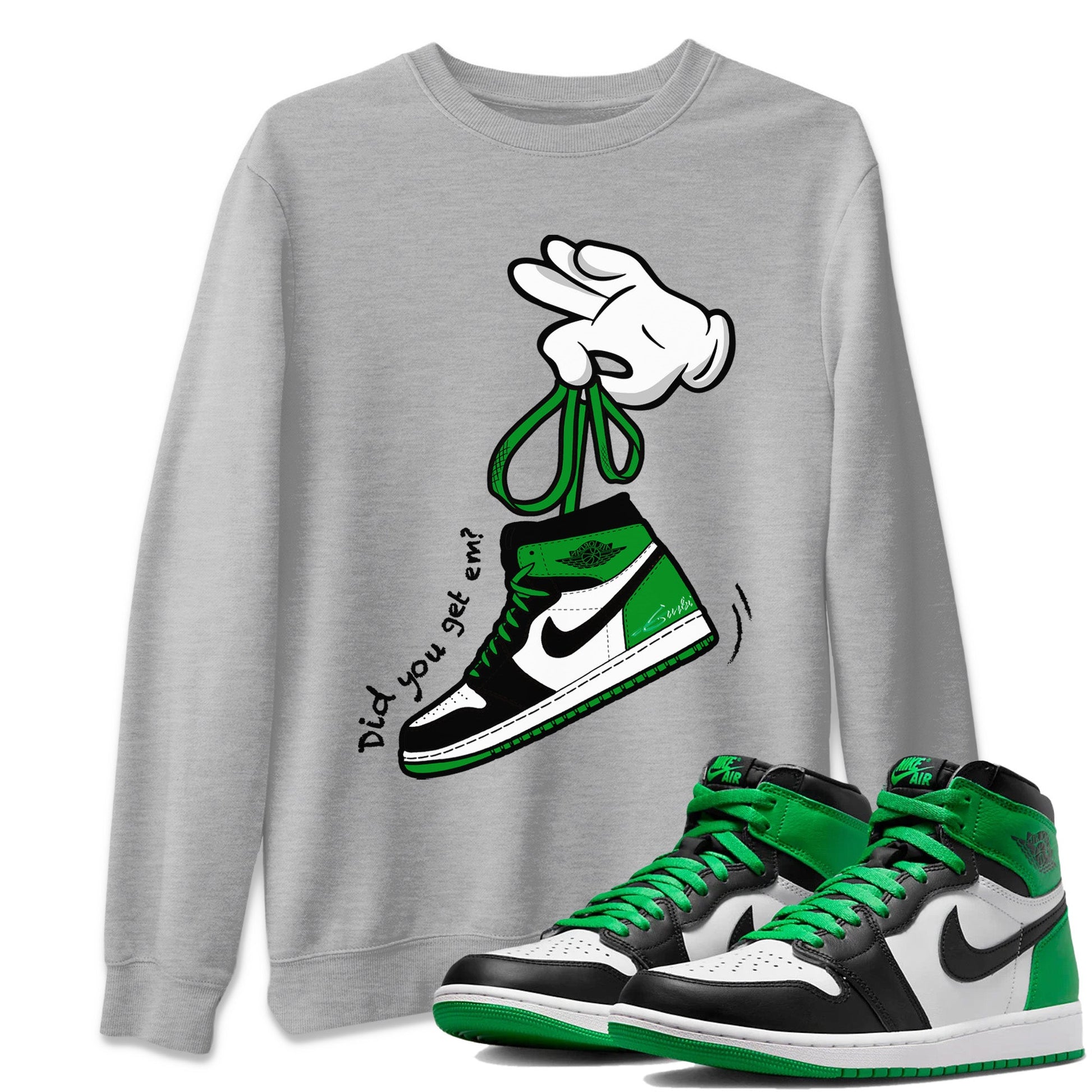 Air Jordan 1 Celtics Sneaker Match Tees Cartoon Hands Sneaker Tees Air Jordan 1 High OG Celtics Sneaker Release Tees Unisex Shirts Heather Grey 1