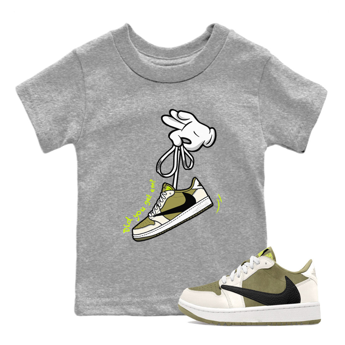 Air Jordan 1 X Travis Scott Golf Olive shirt to match jordans Cartoon Hands sneaker tees Air Jordan 1 Travis Scott Golf SNRT Sneaker Release Tees Baby Toddler Heather Grey 1 T-Shirt