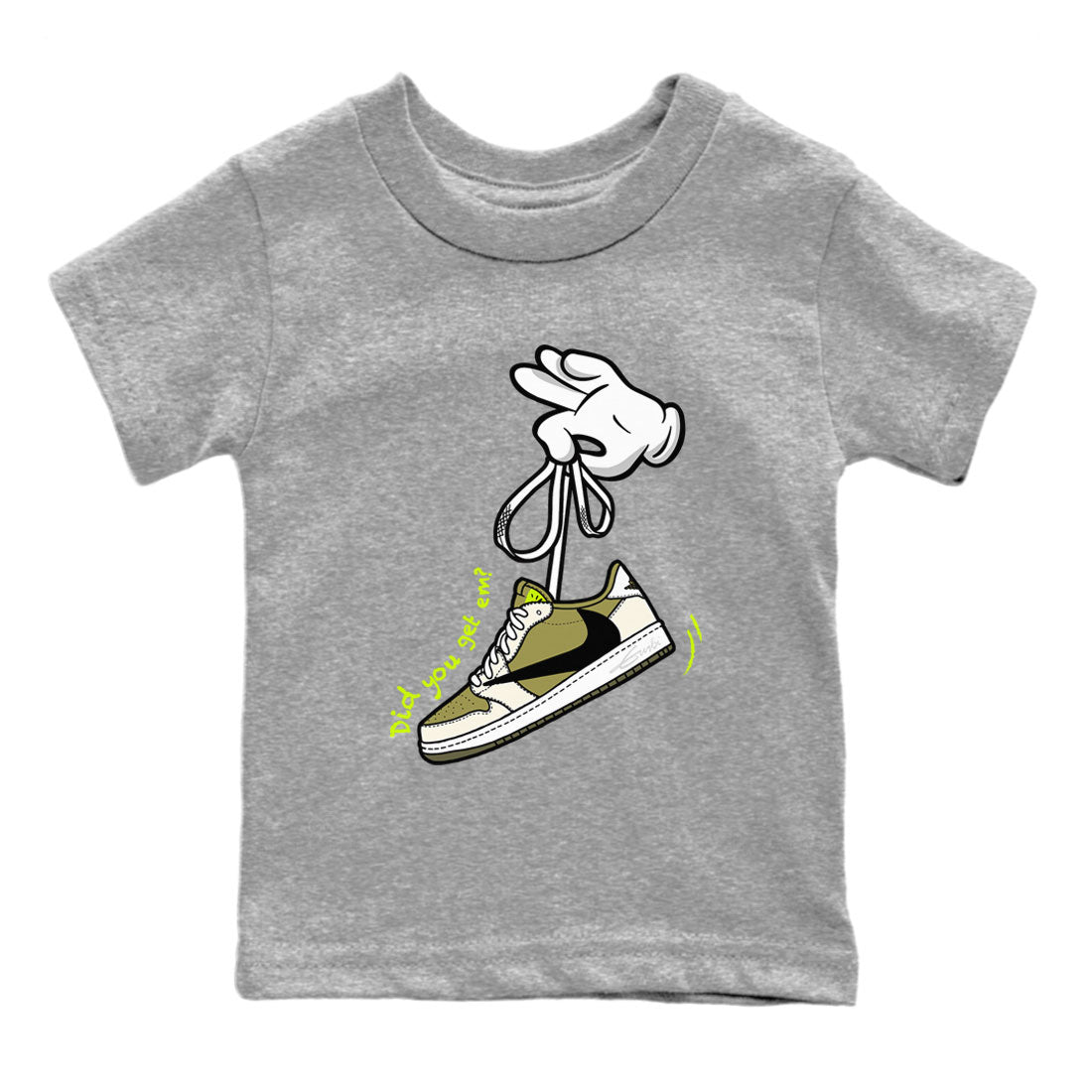 Air Jordan 1 X Travis Scott Golf Olive shirt to match jordans Cartoon Hands sneaker tees Air Jordan 1 Travis Scott Golf SNRT Sneaker Release Tees Baby Toddler Heather Grey 2 T-Shirt