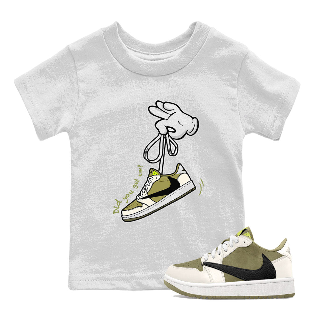 Air Jordan 1 X Travis Scott Golf Olive shirt to match jordans Cartoon Hands sneaker tees Air Jordan 1 Travis Scott Golf SNRT Sneaker Release Tees Baby Toddler White 1 T-Shirt