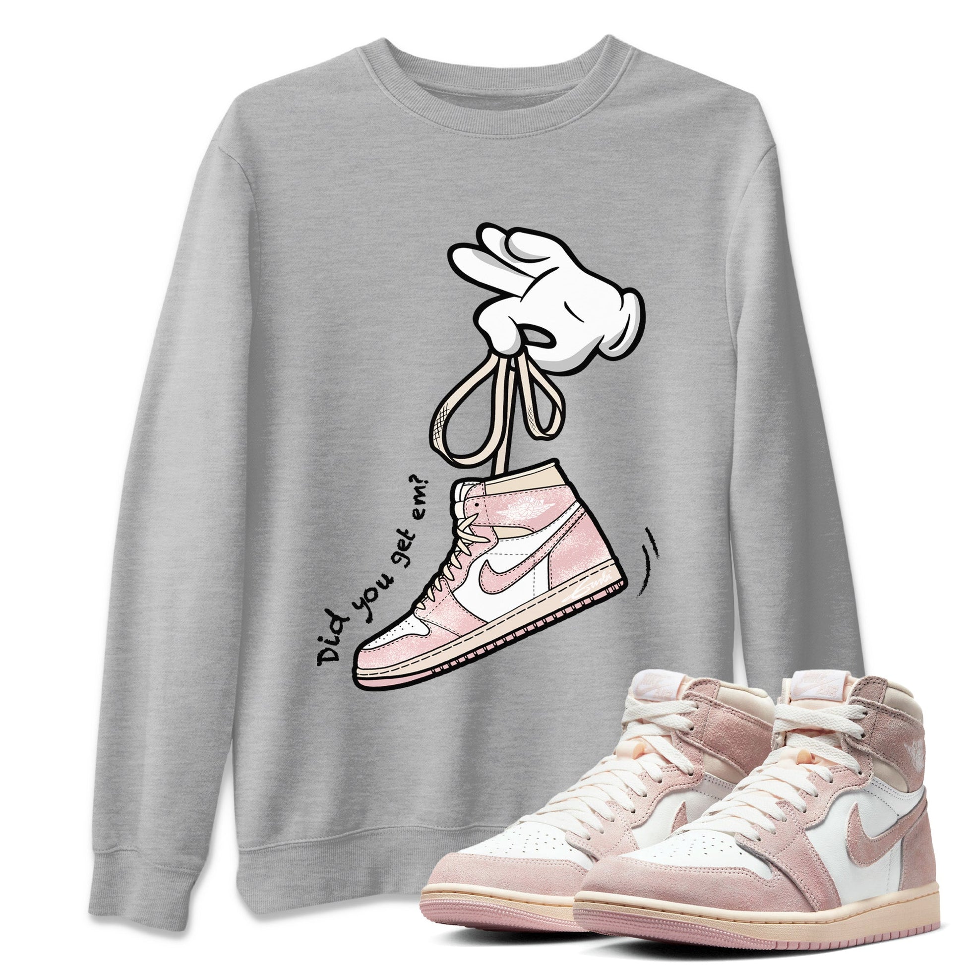 Air Jordan 1 Washed Pink Sneaker Match Tees Cartoon Hands Sneaker Tees Air Jordan 1 High OG WMNS Washed Pink Sneaker Release Tees Unisex Shirts Heather Grey 1
