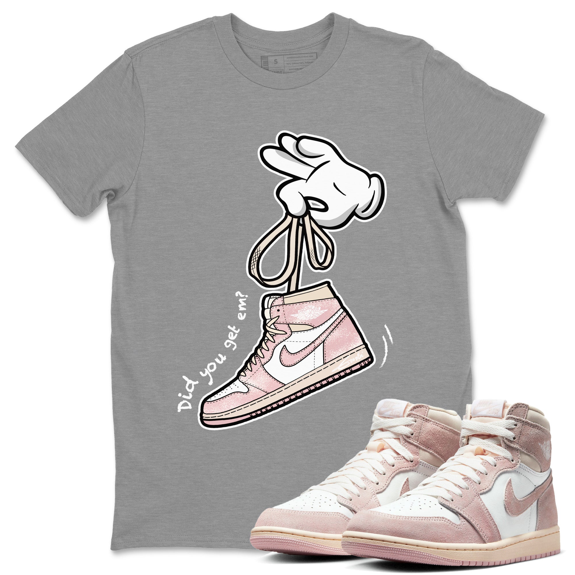 Air Jordan 1 Washed Pink Sneaker Match Tees Cartoon Hands Sneaker Tees Air Jordan 1 High OG WMNS Washed Pink Sneaker Release Tees Unisex Shirts Heather Grey 1