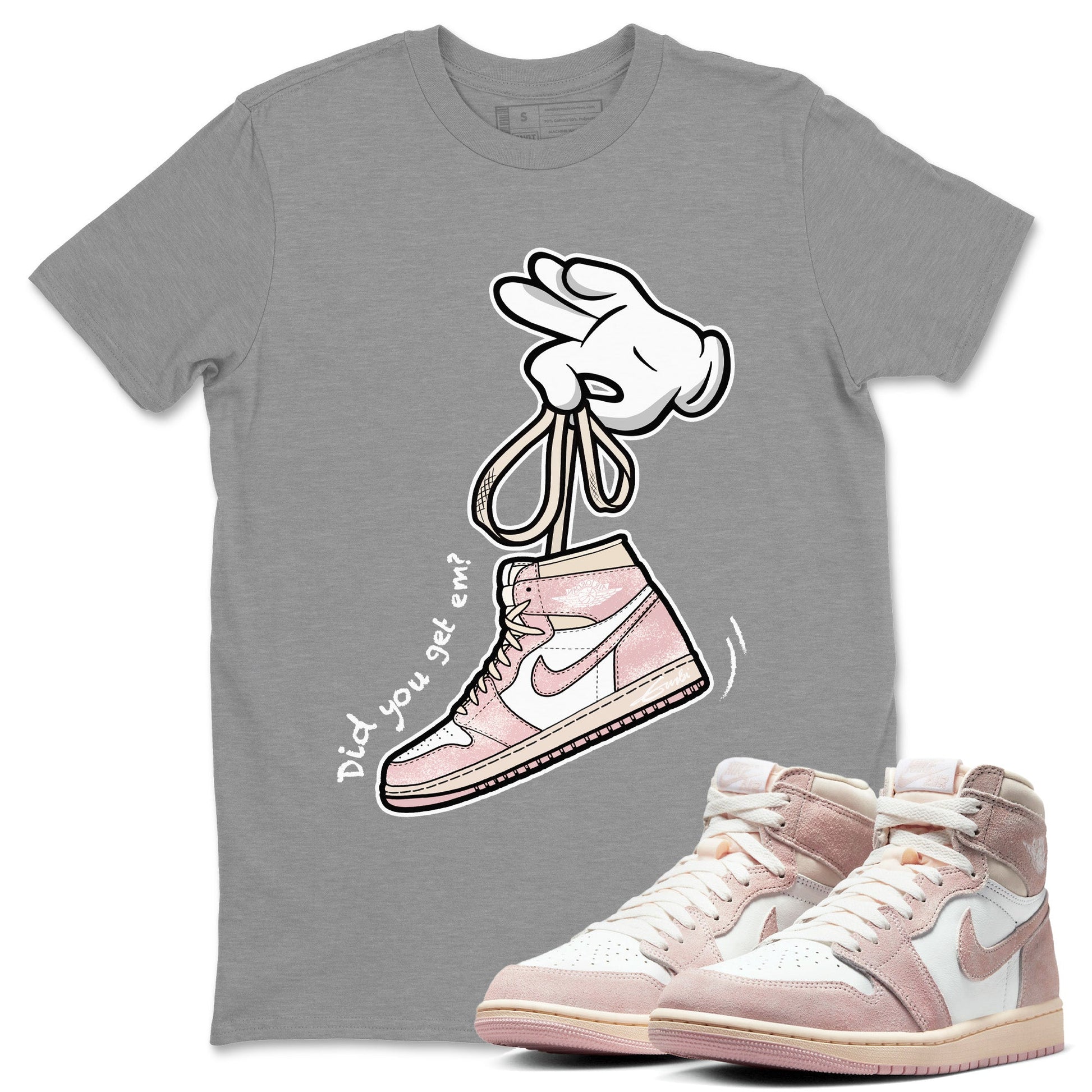 Air Jordan 1 Washed Pink Sneaker Match Tees Cartoon Hands Sneaker Tees Air Jordan 1 High OG WMNS Washed Pink Sneaker Release Tees Unisex Shirts Heather Grey 1