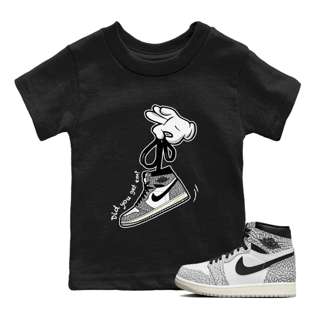 Air Jordan 1 White Cement Sneaker Match Tees Cartoon Hands Sneaker Tees Air Jordan 1 High OG White Cement Sneaker Release Tees Kids Shirts Black 1