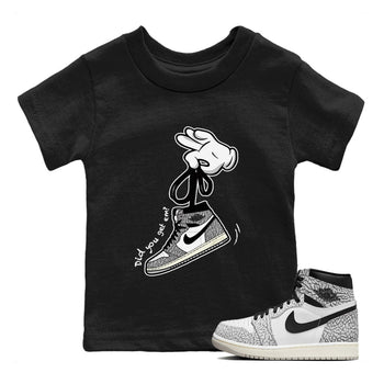 Air Jordan 1 White Cement Sneaker Match Tees Cartoon Hands Sneaker Tees Air Jordan 1 High OG White Cement Sneaker Release Tees Kids Shirts Black 1